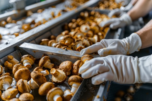Mushrooms Production Line, Food Industry, Working on Automated Production Lines in Mushroom Factory photo