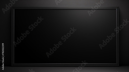 Black frame mockup on dark background, horizontal format, empty space for text or graphic design, 3d rendering photo