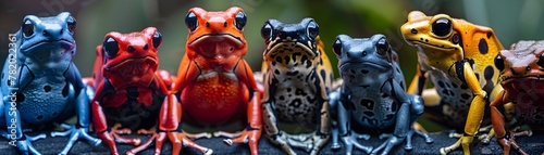Portrayal of Vibrant Poison Dart Frogs Showcasing Their Diverse Patterns and Colors as a Warning of Toxicity