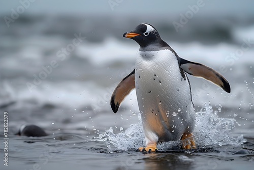 Powerful Gentoo Penguin Propelling Itself Ashore with Graceful Agility and Energy