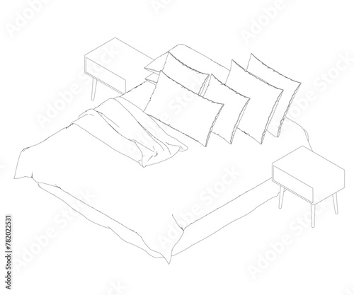 Outline of a sleeping bed with an unmade blanket and pillows from black lines isolated on a white background. Isometric View. Vector illustration. 3D.
