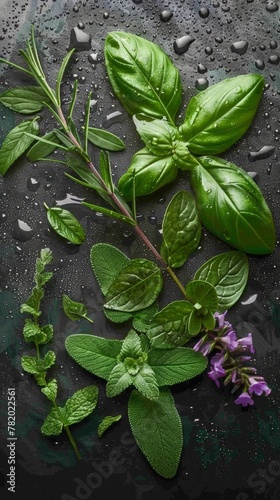 fresh herbs and flowers with drops of essential oils glistening on their leaves, emphasizing natural elements