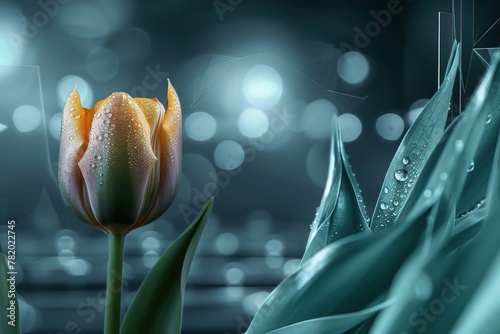 Dewdrops adorned the tulips delicate curves at dawn each droplet a tiny prism in the soft light #782022745