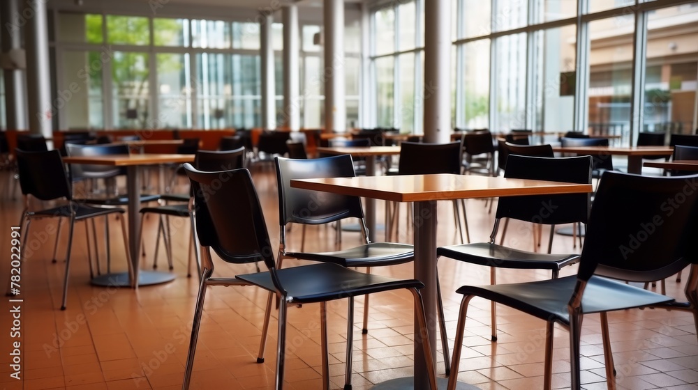 Vacant cafeteria tables and chairs