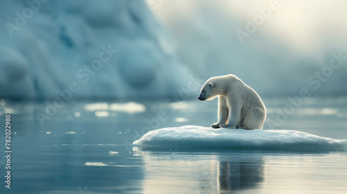 Lonely polar bear sitting alone on a small ice floe somewhere in the arctic waters. Sad conceptual picture depicting melting icebergs due to climate change, global warming and endangered species.