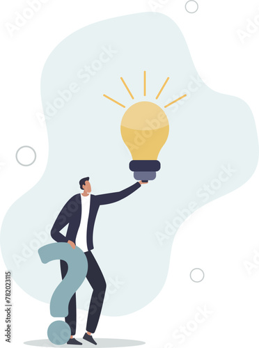 FAQ frequently asked question, help or creative thinking idea concept, smart businessman holding question mark sign and lightbulb solution.flat vector illustration.