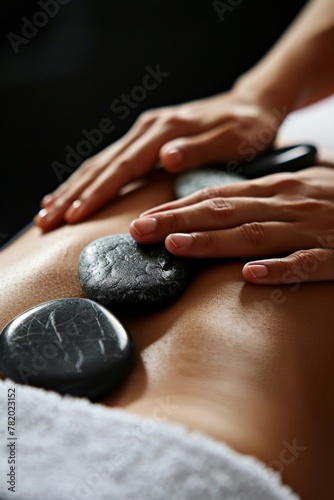 persons back draped in a soft towel, the masseuses hands holding smooth, warm stones