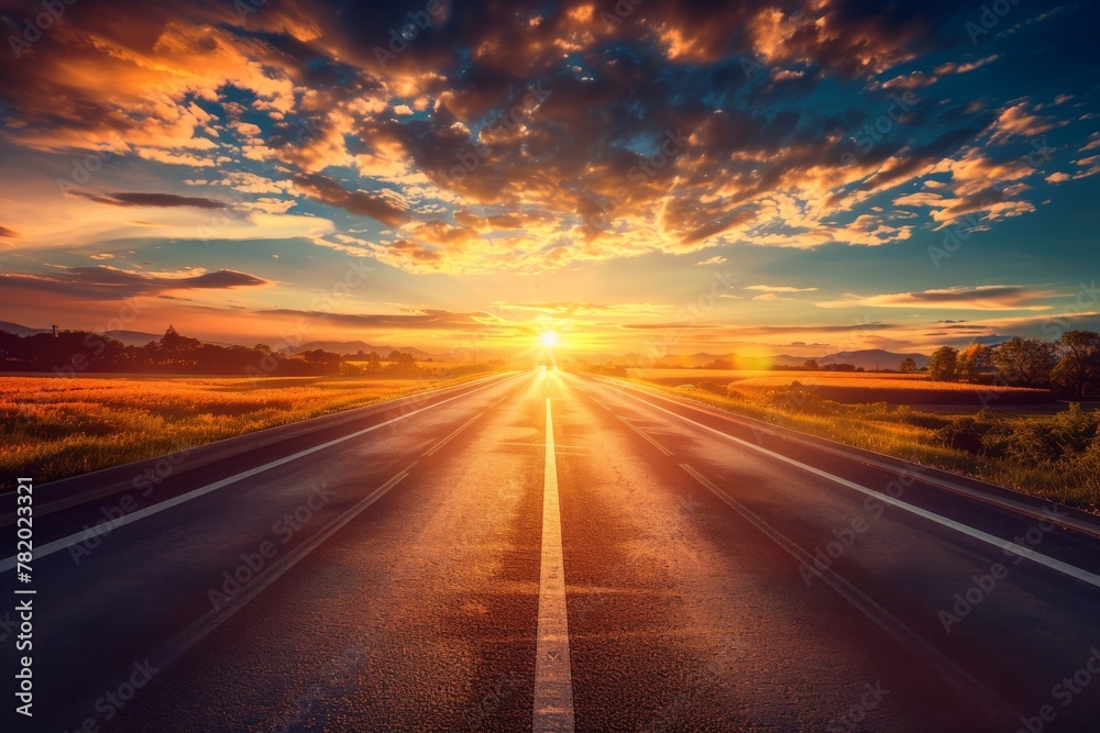 Sunrise Road, Summer Sunny Highway, Journey Landscape, Way to Sunlight Horizon, Copy Space Sunrise Road, Summer Sunny Highway, Journey Landscape, Way to Sunlight Horizon, Copy Space