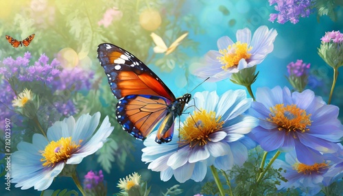 butterfly on a flower, Background flower butterfly spring garden floral beauty blossom plant blue. Garden spring butterfly background summer flower field white color season banner 