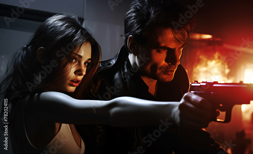 A movie still shows a white girl with long dark hair holding an assault rifle pointing it towards the viewer. Another young handsome male is standing next to her also aiming his gun. Both look serious