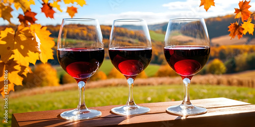 Three glasses of red wine on the table, landscape background. photo
