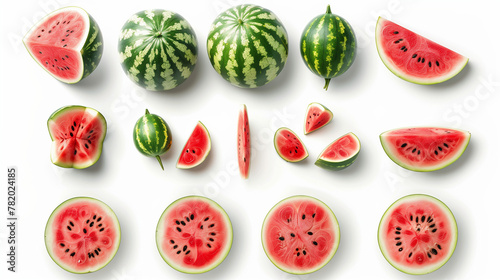 Top view of a vibrant set of fresh watermelon slices isolated on a white background, showcasing the juicy red flesh and contrasting green rind.This image captures the essence of summer with watermelon photo