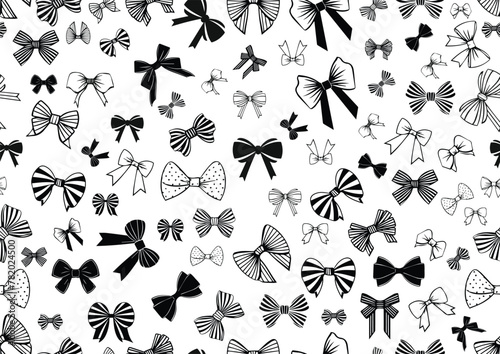 Vector illustration background showcasing a seamless pattern of black and white line art depicting various types of bows for men.