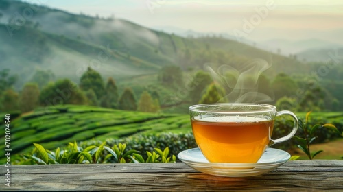 Steaming cup of tea overlooking a lush tea plantation at dawn. Concept of tea culture.