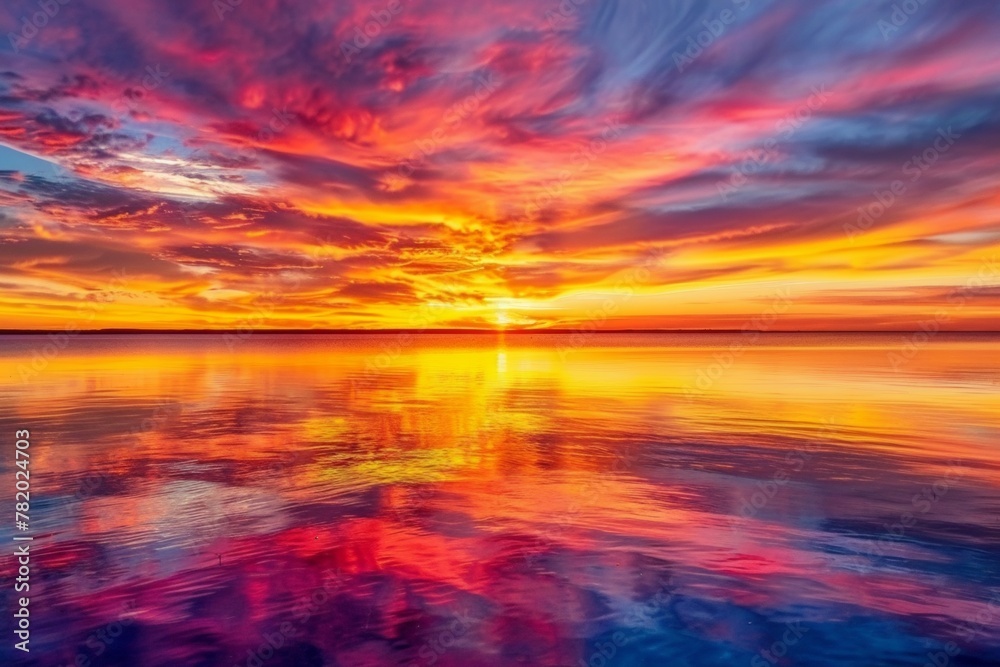 A panoramic view of a fiery sunset over the ocean, painting the sky with vibrant colors and casting long reflections on the water