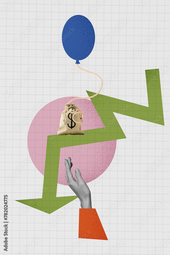 Vertical photo collage of money dollar bag symbol loss air balloon try save arrow down hand mistake fall isolated on painted background Vertical photo collage of money dollar bag symbol loss air balloon try save arrow down hand mistake fall isolated on painted background