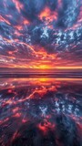 A panoramic view of a fiery sunset over the ocean, painting the sky with vibrant colors and casting long reflections on the water