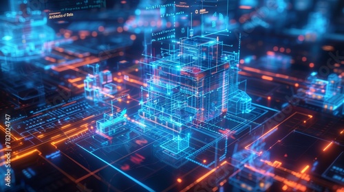 Digitally rendered holographic city with intricate architecture displayed over a high-tech interface with data points