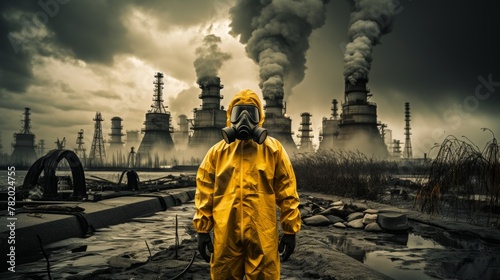 Man in yellow hazmat suit and gas mask standing in front of a damaged nuclear power plant. photo