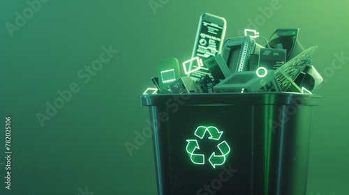 Recycling bin full of electronic waste, with eco-tech icons glowing against a bright green background. © AIExplosion