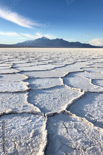 A panoramic view of a salt flat cracked into geometric patterns, stretching towards distant mountains