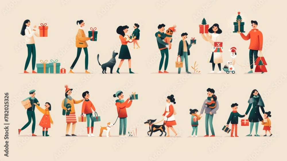 The illustration shows a cute holiday people element set isolated on beige background. There are pups, kids, and adults bringing gifts, greeting each other.