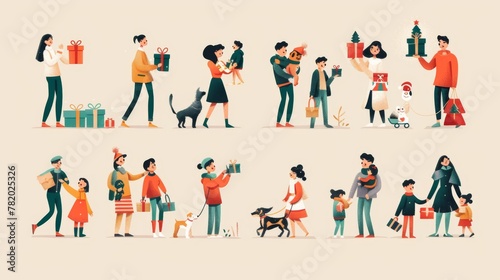 The illustration shows a cute holiday people element set isolated on beige background. There are pups  kids  and adults bringing gifts  greeting each other.