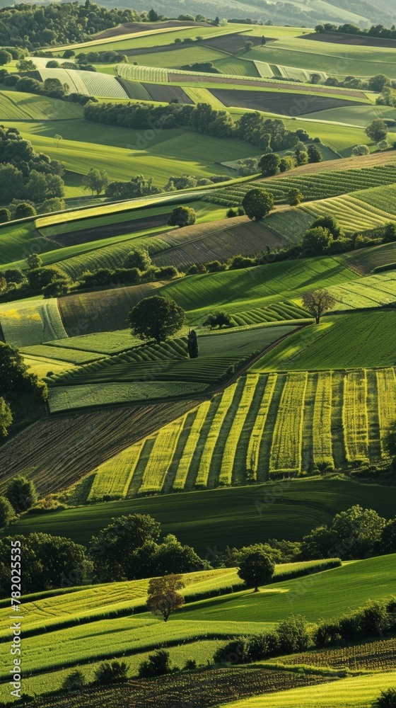 A panoramic vista of a patchwork of meadows and farmland, showcasing different shades of green and geometric patterns A panoramic vista of a patchwork of meadows and farmland, showcasing different shades of green and geometric patterns