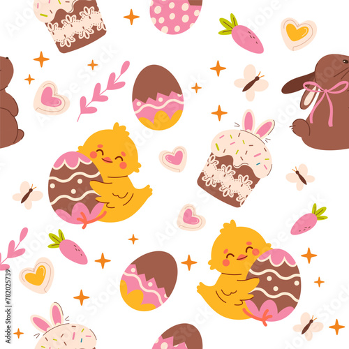 Seamless easter pattern with Easter cake and chocolate  bunny. Easter eggs seamless pattern with hearts. Easter symbol, decorative vector elements. Easter colored eggs simple pattern.