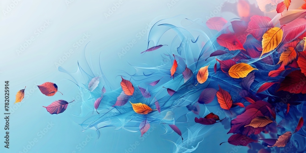 Foggy wind minimalist abstract background with autumn leaves. 3D render. AI Image