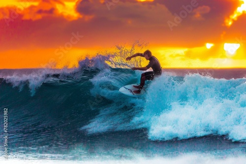 A surfer skillfully riding a turquoise wave, their form outlined against a vibrant sunset