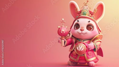 Isolated on a pastel pink gradient background, a cute bunny holds a doufang while dressed in chinese traditional attire. photo