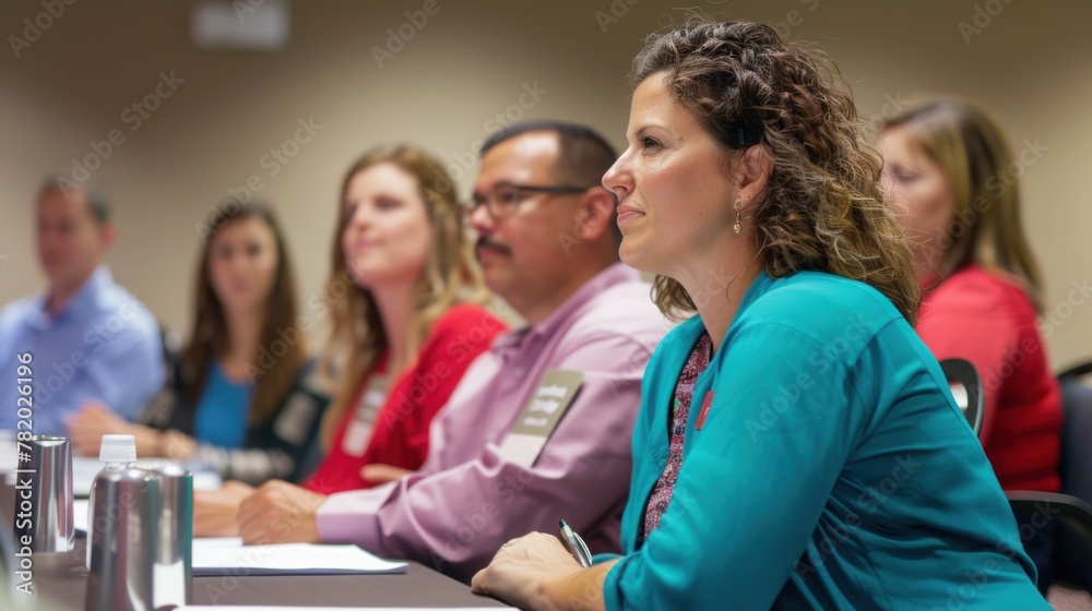 A group of employees participating in a training session during a professional development meeting. 