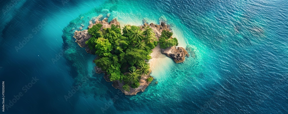 Aerial perspective of a secluded tropical island surrounded by azure waters, offering a sense of escape and tranquility.