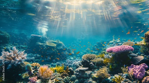 A vibrant coral reef teeming with colorful fish, sunlight dappling through the crystal-clear water © ktianngoen0128