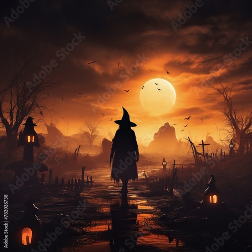 illustration of a witch standing in a filed of glowing pumpkins silh, Generative ai photo