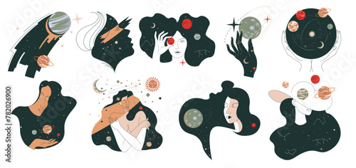 Cosmos and galaxy, woman with stars and planets