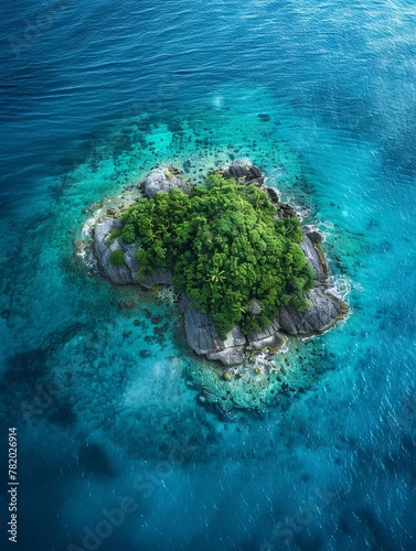 Drone perspective of a remote island paradise surrounded by clear blue waters, offering a sense of escape and tranquility. © taelefoto