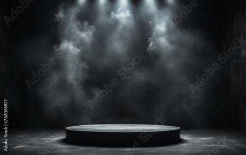 Round black podium in brutal style with smoke around. Dark black floor podium dramatic empty night room table concrete wall scene place display studio smoky dust