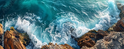 High-angle shot of waves crashing against rugged coastal cliffs, depicting the rugged beauty of the shoreline.