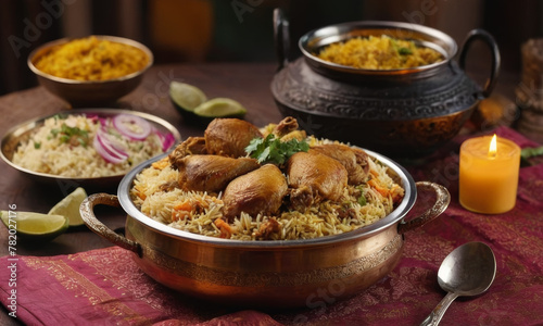A copper bowl filled with rice and meat, surrounded by various Indian dishes such as biryani, raita