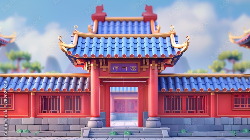 The classic Chinese design structure is illustrated in 3D with a red wall, grey tiles, and a blue roof. The classic Chinese design structure is illustrated in 3D with a red wall, grey tiles, and a blue roof.