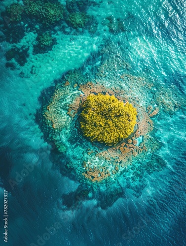 Top-down shot of a vibrant coral atoll in clear ocean waters  highlighting the beauty and fragility of coral reef ecosystems.