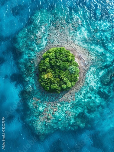 Top-down shot of a vibrant coral atoll in clear ocean waters, highlighting the beauty and fragility of coral reef ecosystems.