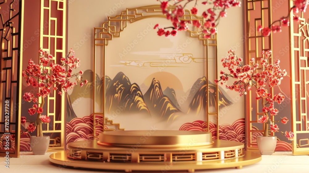 Chinese screen and gold mountain decorations around podium. In the back, a traditional Chinese style wall.