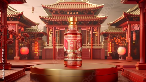 The display of a 3D replica of an exquisite oriental liquor bottle design is on a cylinder stage with a traditional Chinese architecture background. The text reads: Premium liquor. Baijiu. photo