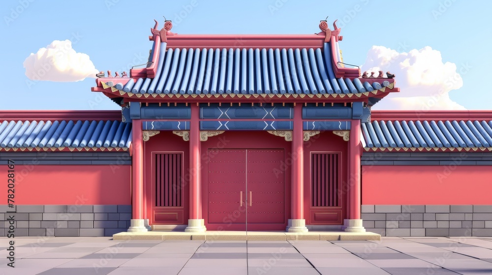 Fototapeta premium In this 3D illustration, a classic Chinese design structure is seen with a red wall, grey blue tiles and a roof.