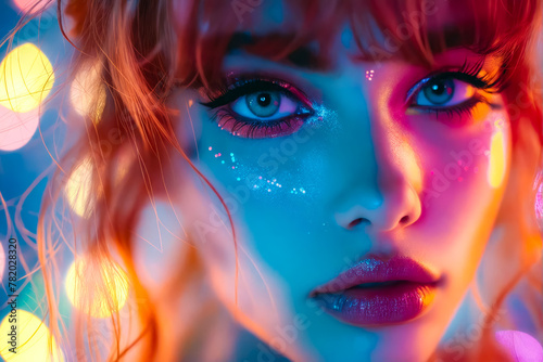 A woman with bright blue eyes and colorful hair.