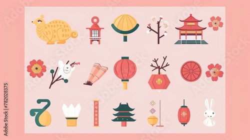 Set of cute Chinese New Year elements isolated on a pink background. These elements include the temple, the doufang, the red envelope, the camellia, the japanese pine, the rabbit, the carp fish, the