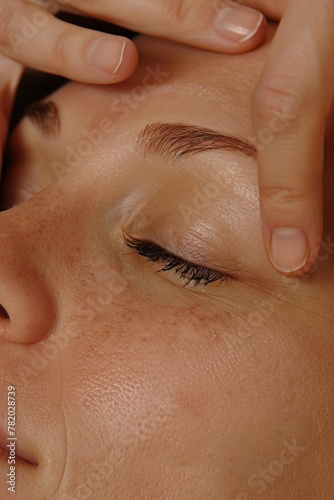 Close-up of a facial massage, focusing on delicate pressure around the eyes and temples, promoting lymphatic drainage